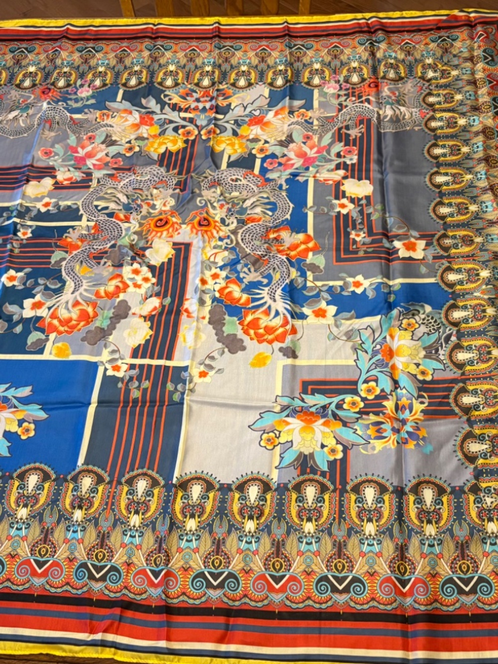 Johnny Was 100% Hillan Silk Dragon & Floral Print Tassel Scarf, approx. 43"X 43" - Picture 11 of 15